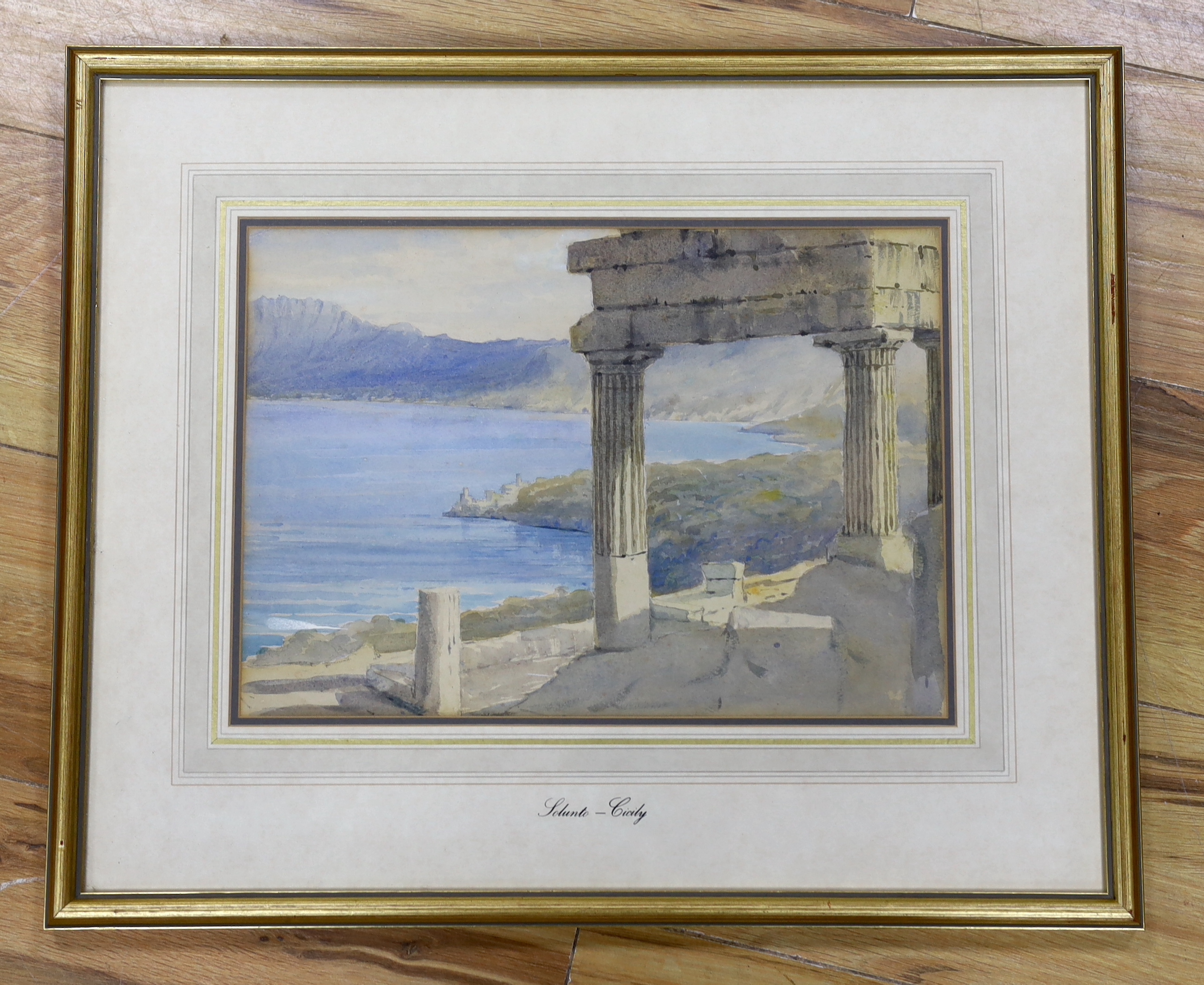 19th century School, watercolour, 'Solunto, Sicily', lakeside landscape with ruins, 25 x 34cm